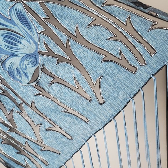Vintage Burnout Fringe Scarf Black & Blue Floral Vines Whimsigoth Boho Evening - Picture 4 of 6